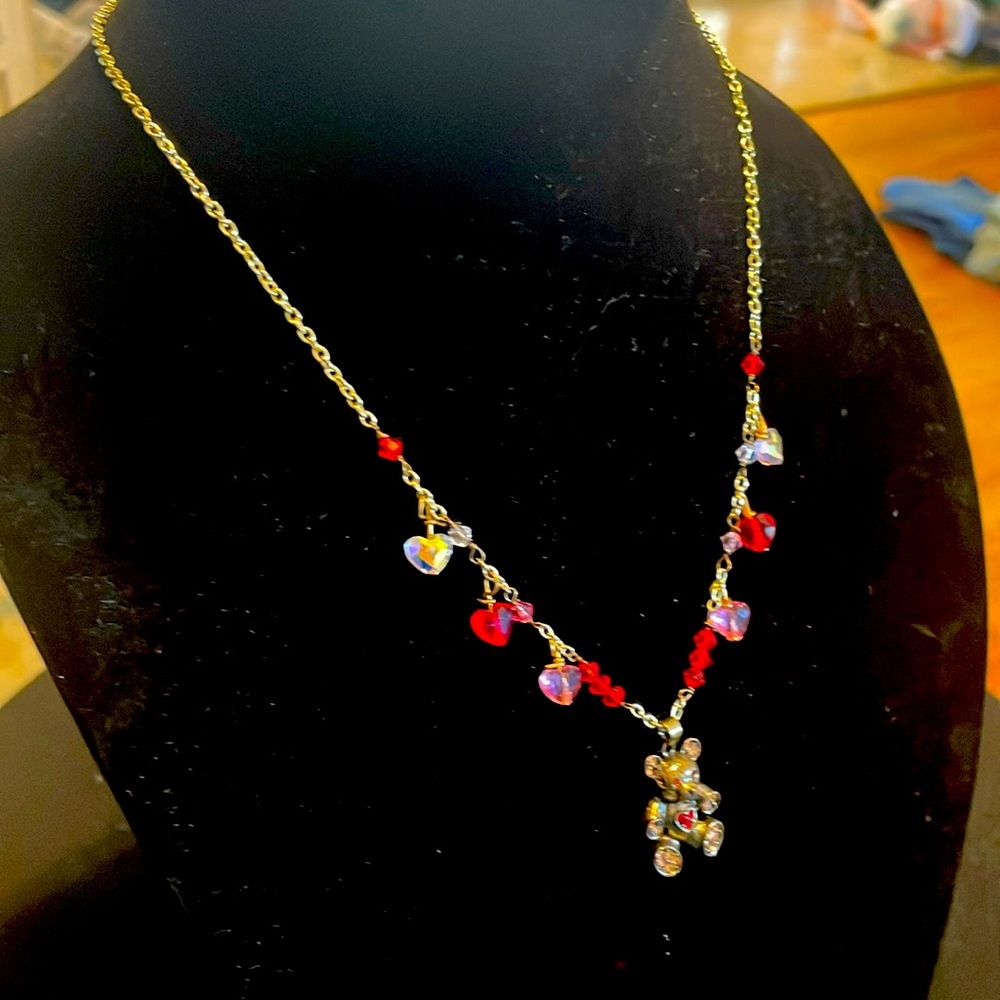 Handmade bear necklace Swarovski crystal hearts
